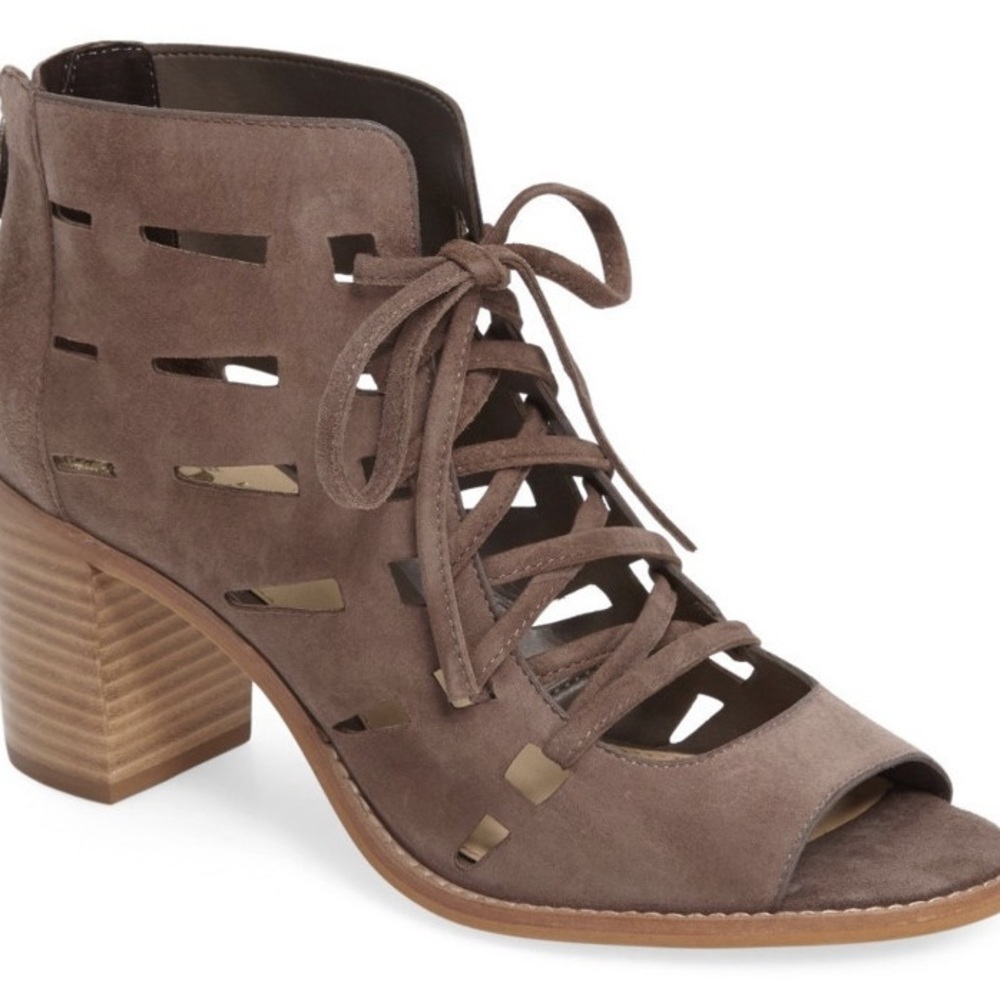 Women's Brown Gray Lace-Up Suede Block Heel Sandals